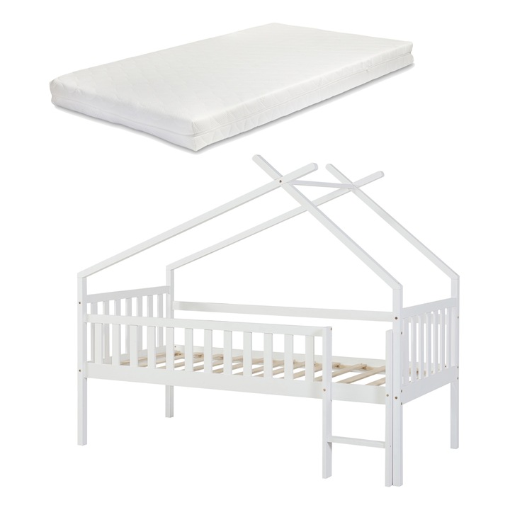 [en.casa] Gyerekágy PXSD-0020 Sotkamo 90x200cm 100kg fenyő farostlemez fehér matraccal házikó kivitelben