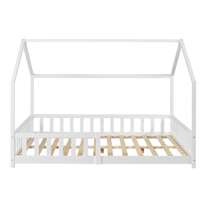 Pat copii, en.casa, PXSD-0023 Hesel, 200x140 cm, lemn, alb, 150 kg, cu grilaj protectie, forma casuta