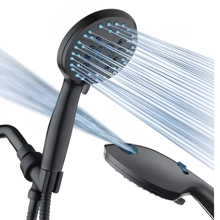 Cap De Dus Cu Inalta Presiune WellLuck®, 7 Functii De Pulverizare, Duze Antimicrobiene, Antiinfundare, Util La Curatarea Cazii, Gresiei, Prietenos Cu Animalele De Companie, Furtun 1.5 m, Culoare Negru