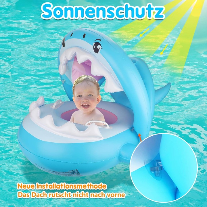 Imádnivaló úszómedence cápa alakú úszómedence 6-36 hónapos korig, ultra rugós baba úszó csúszásgátló felülettel a fokozott vízi szórakozásért, levehető napvédő tetővel