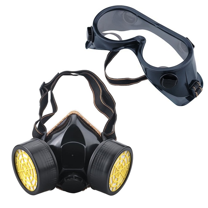 Set Masca de Protectie cu ochelari, Autocise, Filtru Carbon Activ, Negru