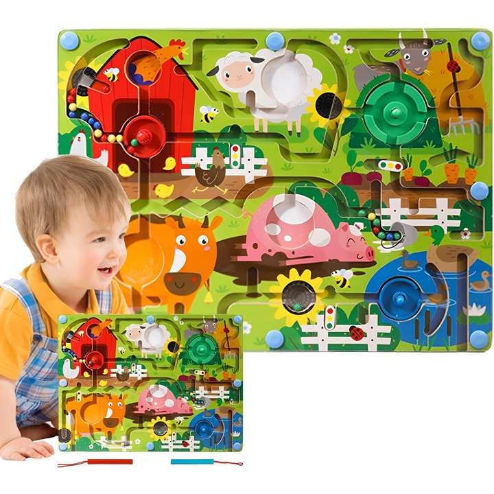 Joc educativ montessori tip Labirint Magnetic de Sortare Culori, model Animale Domestice