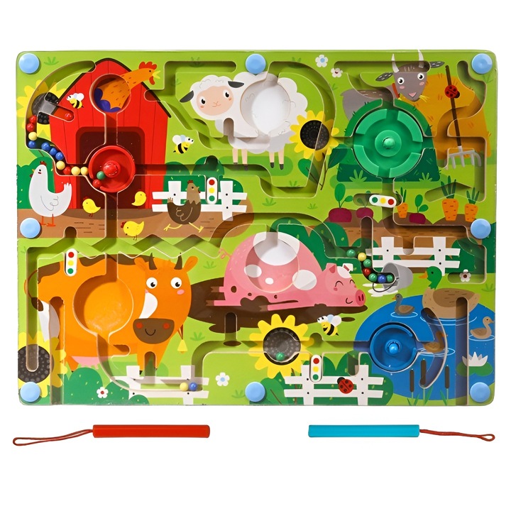 Joc educativ montessori tip Labirint Magnetic de Sortare Culori, model Animale Domestice