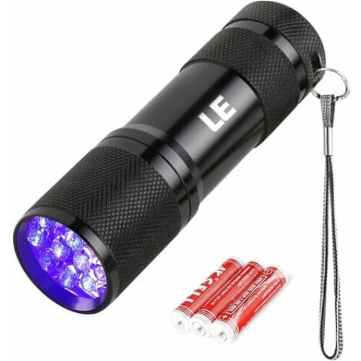 UV фенер Jormftte, 9 LED, 395nm, 3CMx9.4CM, черен, с батерии