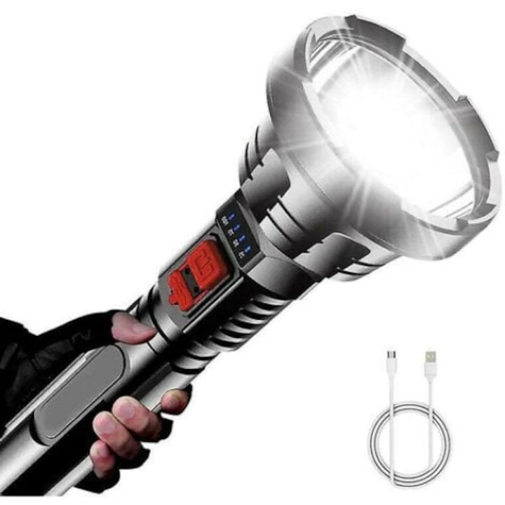 Тактически LED фенер 90000LM, 3 режима на светене, водоустойчив, 258x80mm, USB зареждане
