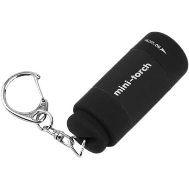 Мини LED фенерче, Jormftte, гумено, USB акумулаторно, 5.5 x 2.3 x 2.1 cm, черно