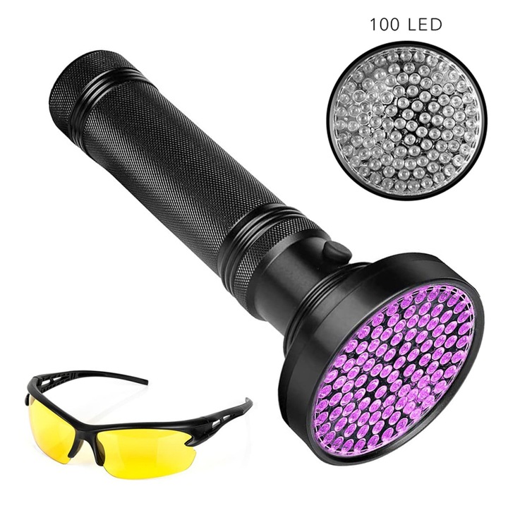 UV фенер 100 LED, Jormftte, 395nm, комплект с UV очила, размер 19 см