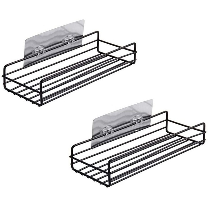 Комплект от 2 етажерки за баня, метални, лепило, черни