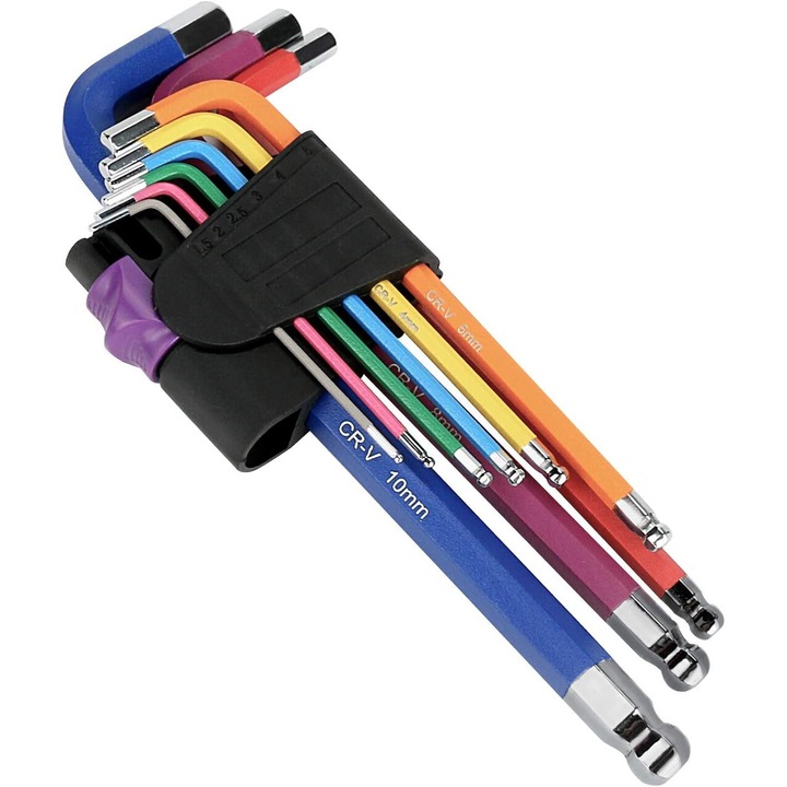 Комплект 9 шестограмни ключа L, Jormftte, размери 1.5mm-10mm, многоцветни, с държач