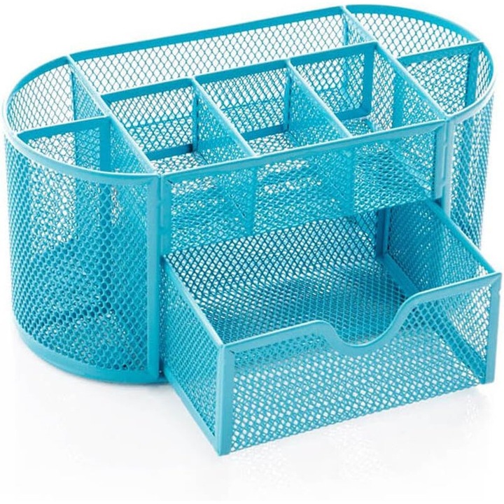 Suport articole birou, 9 compartimente, cu sertar, albastru