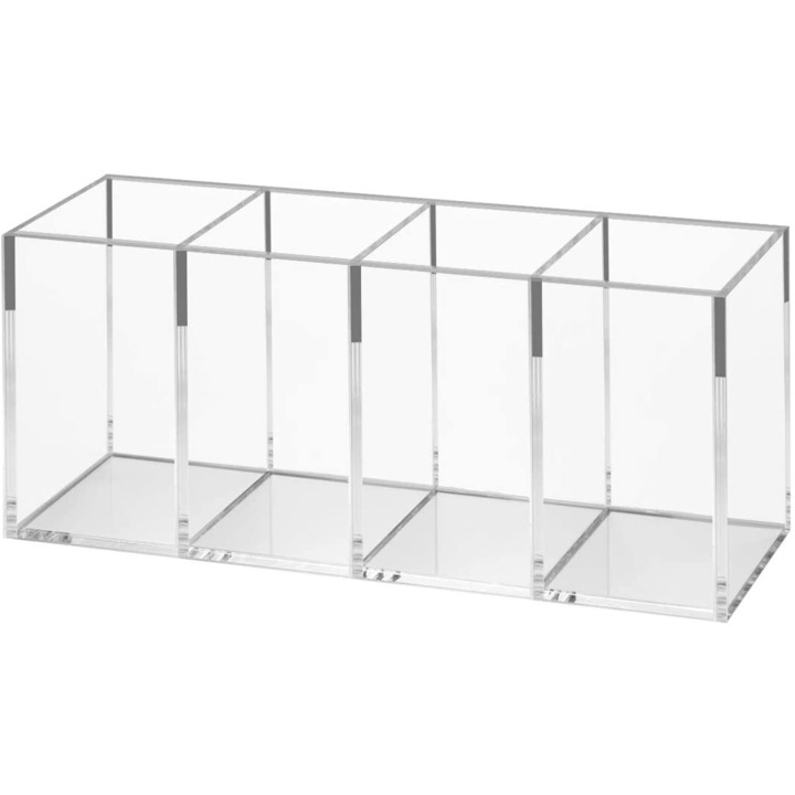 Suport perie de machiaj, 4 compartimente organizator din acril transparent, depozitare de calitate premium pentru rechizite de birou si scoala, design modern, afisaj elegant pentru ustensile si produse cosmetice