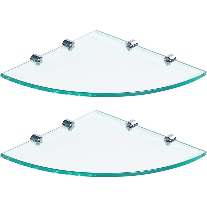 Комплект от 2 стъклени ъглови рафта, 24x24 см, безопасно стъкло 8 мм, опора от неръждаема стомана