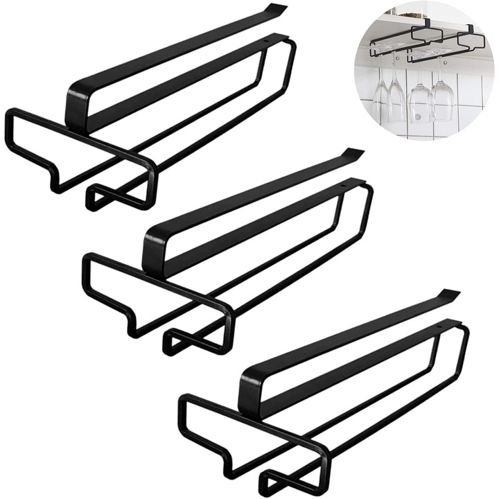 Стойки за чаши за вино Enforose, комплект от 3 части, издръжлив метал, спестяване на място, монтаж без пробиване