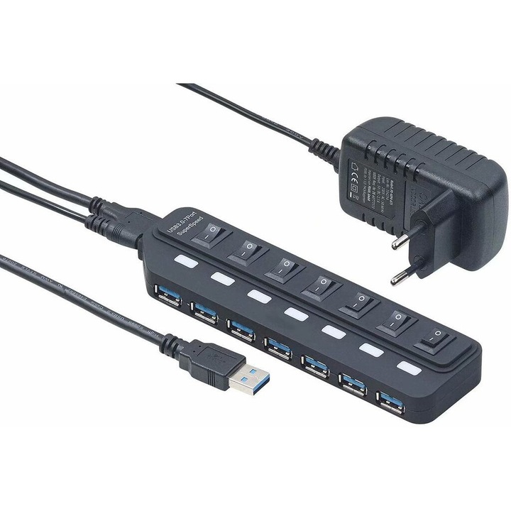 Aktív Jormftte USB 3.0 hub 7 porttal, egyedi kapcsolóval, 174x18x40mm, 2A tápegységgel