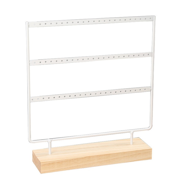 Suport pentru cercei AMRINUGL, din lemn masiv, organizator elegant, suport metalic, 27x32cm, bej/alb