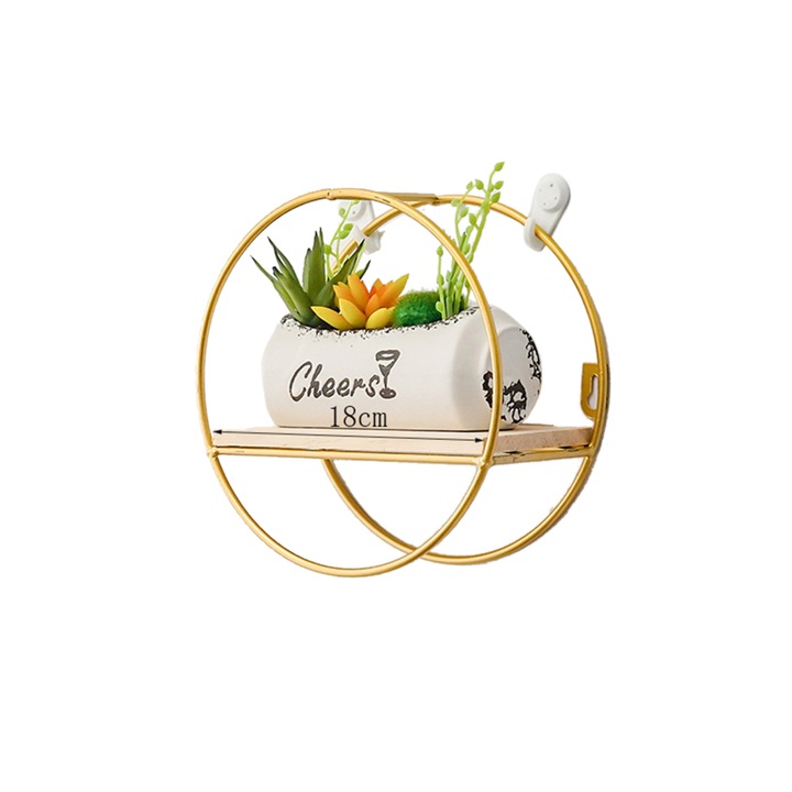 Raft de perete din lemn si fier, auriu, 20x9.5cm, set 1 bucata