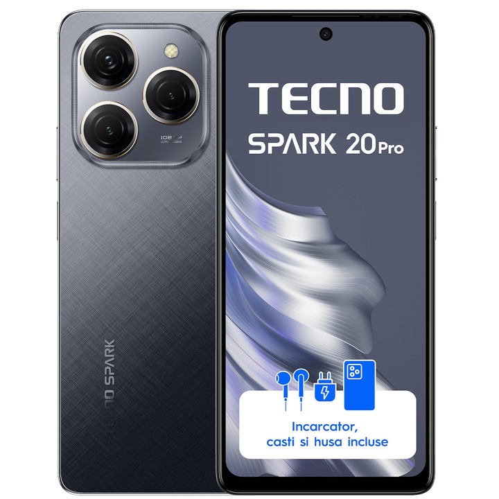 Telefon mobil Tecno Spark 20 Pro, Dual SIM, 256GB, 12GB RAM, Moonlit Black