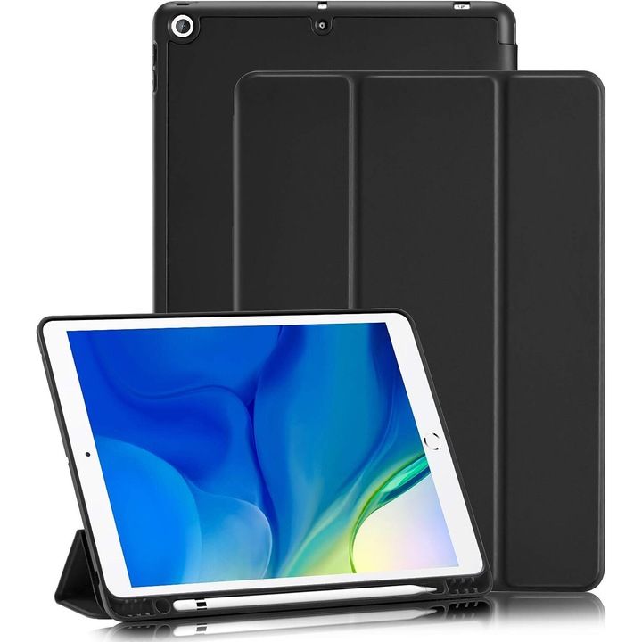 Калъф за таблет Samsung Galaxy Tab S8 Plus, S7 FE, S7 Plus, Sigloo, вътрешност от синтетична кожа, с държач за Smart Pen, гръб от поликарбонат, черен
