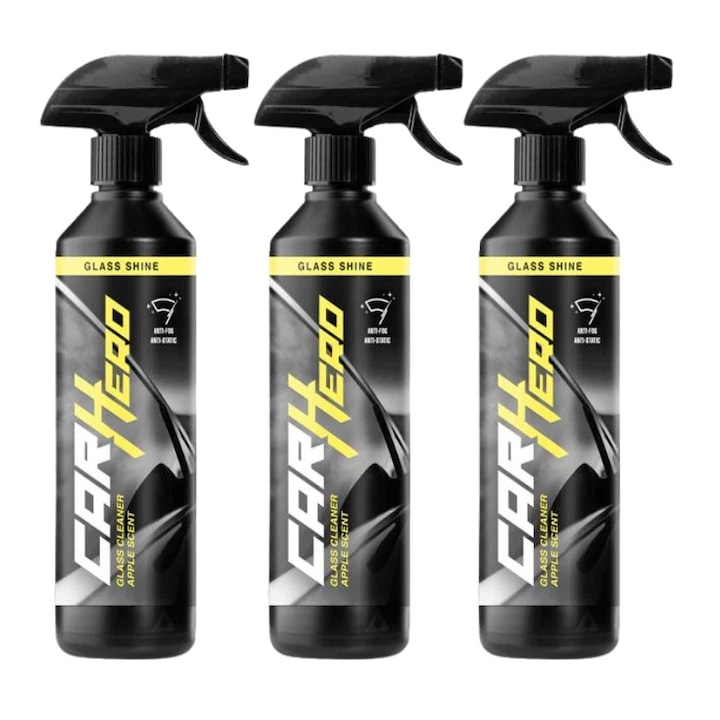 Set 3 x Solutie Profesionala de Curatat Parbrizul, Sticla si Geamuri, Glass Shine, Car Hero, Detailing Auto, 500ml