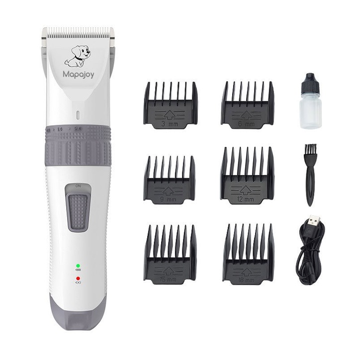 Masina de Tuns animale Mapajoy MD6, Profesionala, Caini si Pisici, Acumulator reincarcabil 2000mAh, Autonomie 3 ore, Silentioasa, Ecran LED, 6 Capete de tuns incluse, Alb