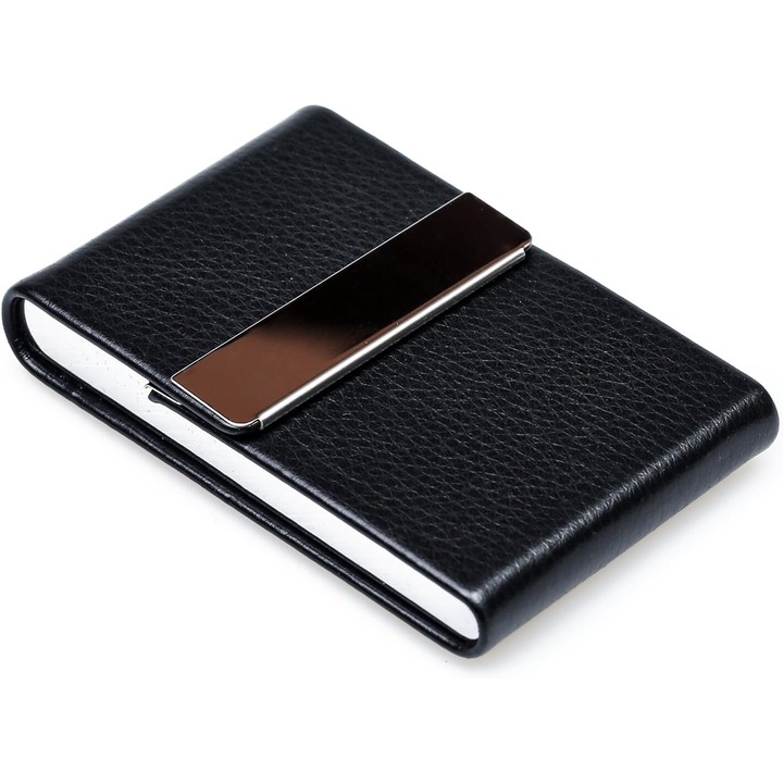 Suport carti de vizita, SA&SO General Store®, creativ si profesional, model vertical, potrivit pentru barbati si femei, cu inchidere magnetica, otel inoxidabil / PU, Negru