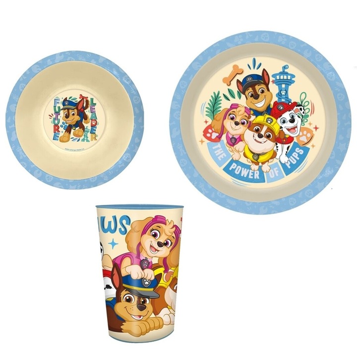 Set trei piese, farfurie, bol si pahar, din plstic fara BPA, ce poate fi utilizat la masina de spalat vase si microunde, multicolor, Paw Patrol
