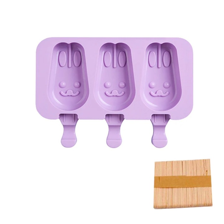 Forma inghetata cu 3 compartimente, awwaline, forme iepurasi, mov, silicon alimentar, 50 de bete, cu capac protectie