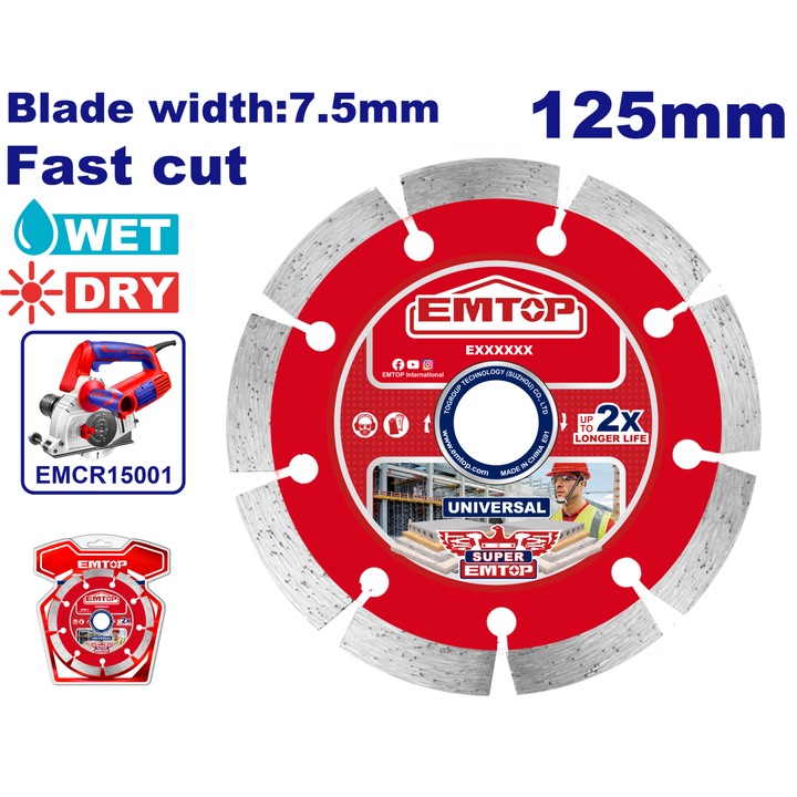 Disc Diamantat EMTOP EDDC01254, Diametru 125mm, Taiere Umeda/Uscata, Latimea Lamei 7.5mm, Compatibil EMCR15001 & ULMCR15001, Beton, Piatra, Caramida, Lama Durabila, Ideal pentru santiere, proiecte de renovare sau lucrari de constructie