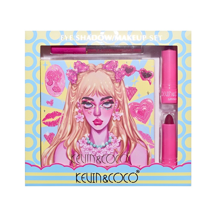 Комплект гримове, Kevin & Coco, 26 цвята, пигментирани, сенки за очи, червило, гланц, руж, 19x18x2 см, различни нюанси