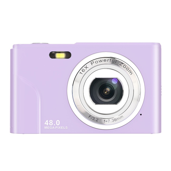 Aparat foto digital, 48 megapixeli, zoom 16x, cu card de memorie de 32 GB, compact si portabil, incarcare USB, culoare mov