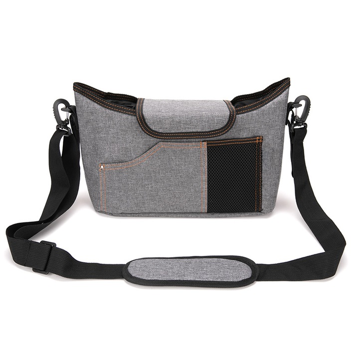 Hordozható táska babakocsihoz, Oxford, világosszürke, 31x22x8cm, vállpánttal