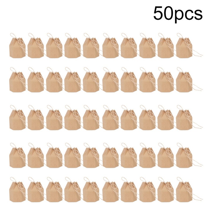 Комплект от 50 хартиени кутии за бонбони с връв за сватба, парти, бебешко парти, многоцветни, компактен размер