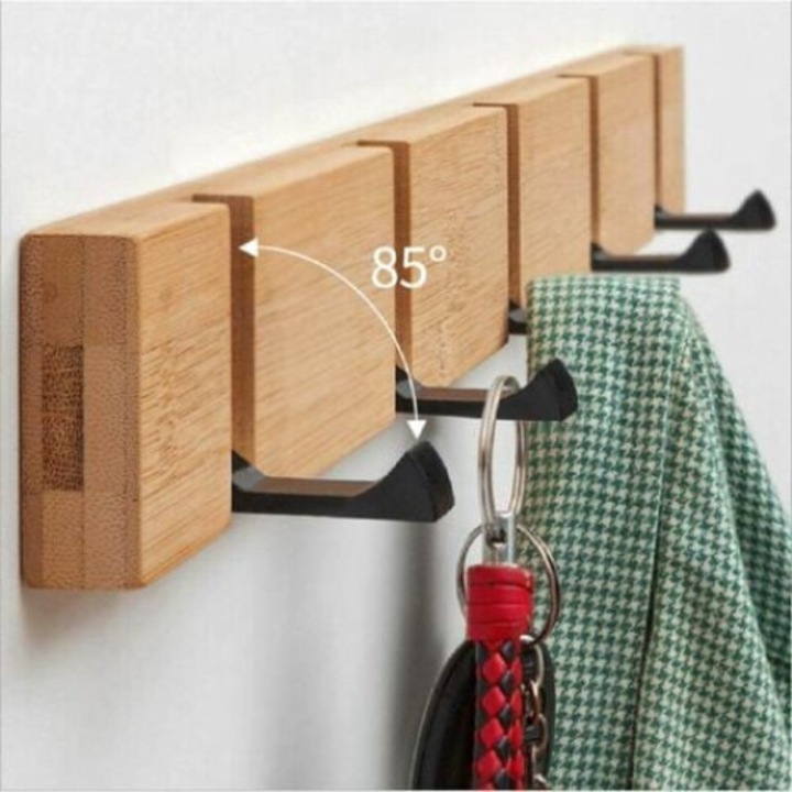 Cuier pliabil de perete, Lemn Natural, 5 carlige, 50x5.5x2cm, Multifunctional