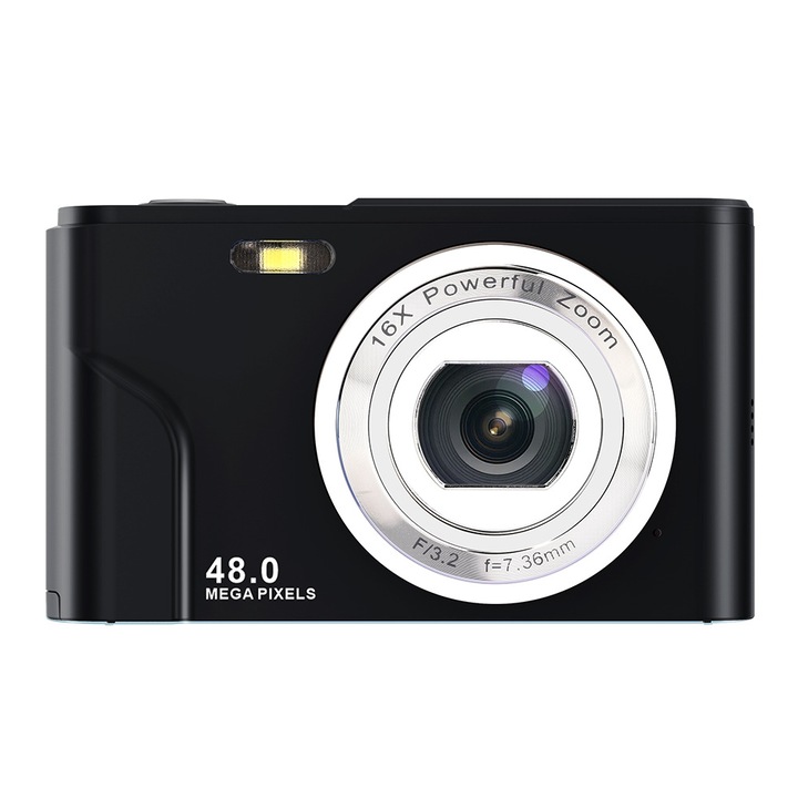 Aparat foto digital, 48 megapixeli, zoom de 16x, cu card de memorie de 32 GB, compact si portabil, incarcare prin USB，negru