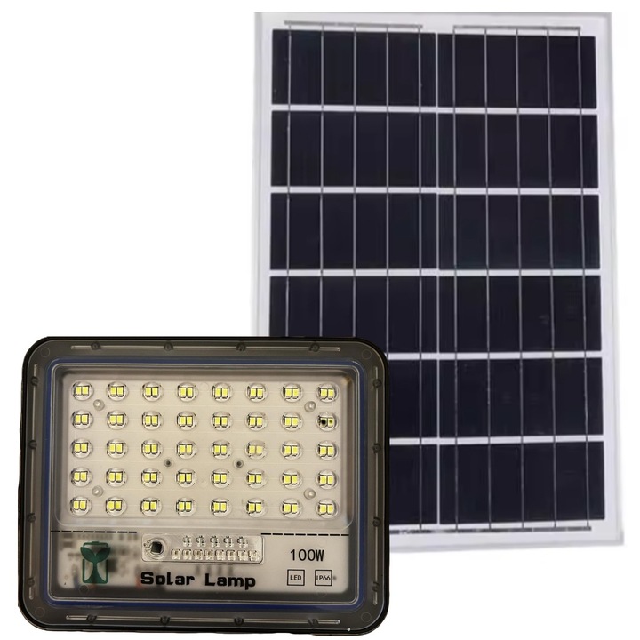 Proiector LED cu panou solar separat, BZRSH, 100W, autonomie 8h, telecomanda, incarcare rapida, lungime cablu 3m. 6500k, lumina alba
