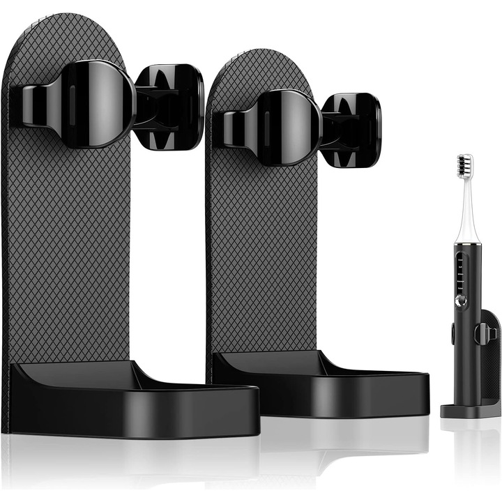 Suport periuta de dinti electrica, montat pe perete, set 2 bucati, design ajustabil, negru