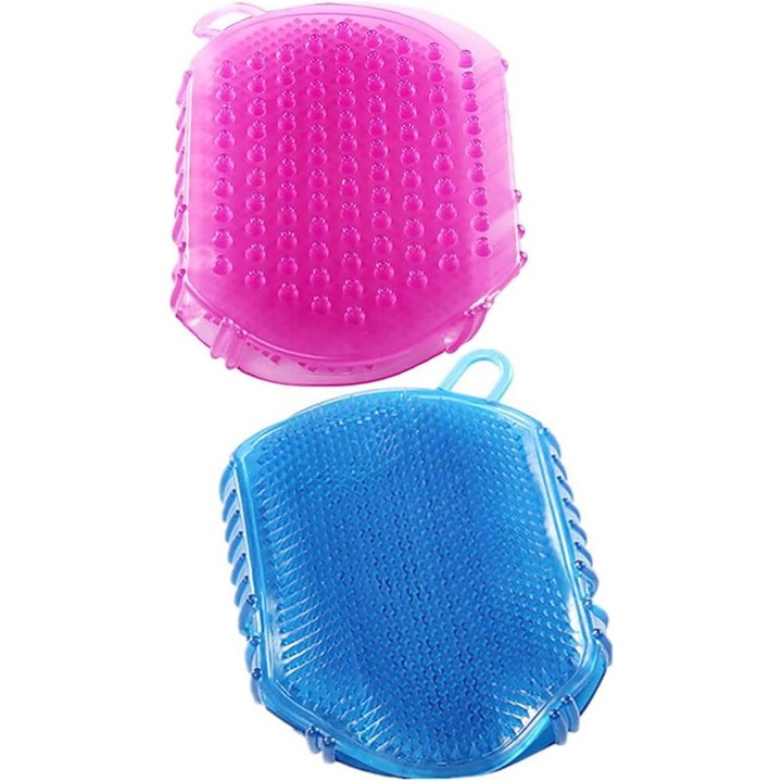 Комплект от 2 ексфолиращи четки за душ, форма на длан, синьо/розово
