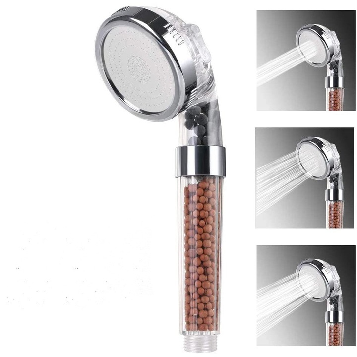Душова глава с филтрация, 3 вида струи, 6 филтъра за котлен камък, пестене на вода, душ комплект