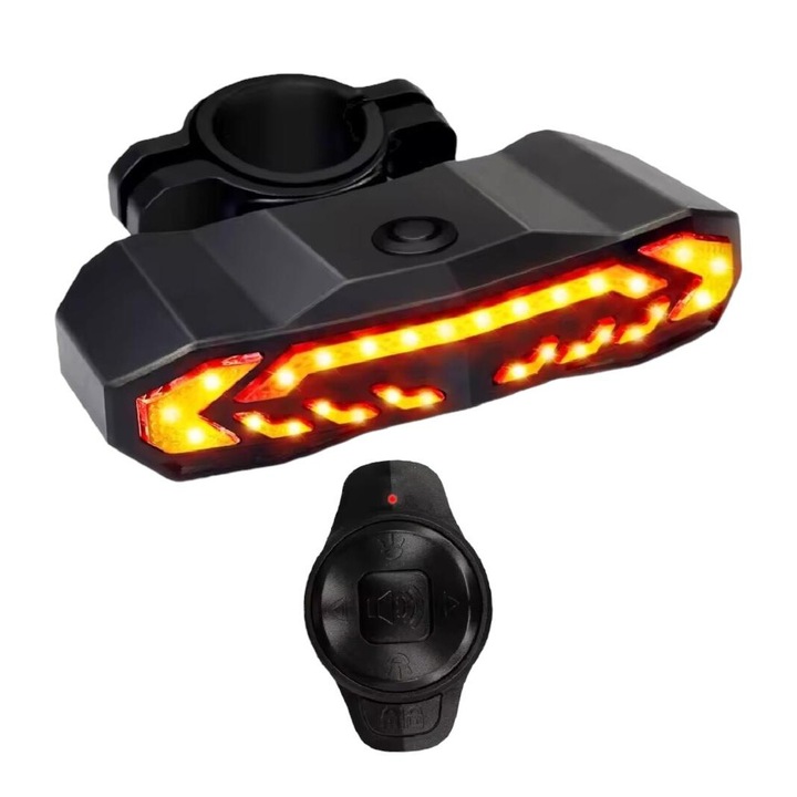Stop bicicleta 5 in 1 cu semnalizare, lumina frana, alarma antifurt, stop, senzor franare, sonerie, comenzi wireless, reincarcare USB, waterproof, AVI-4355 Negru