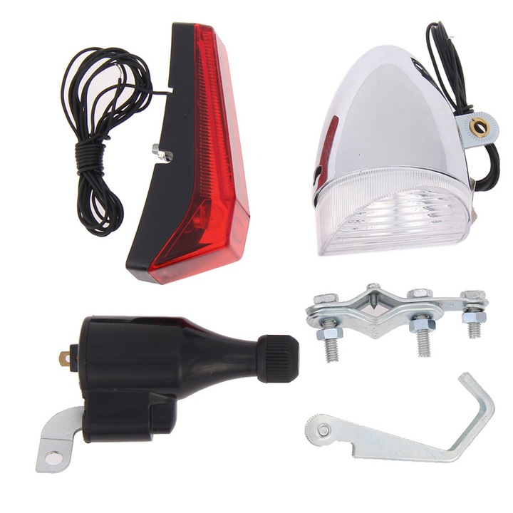 Set lumini bicicleta Herusi, far si stop, dinamo, alb, 6V