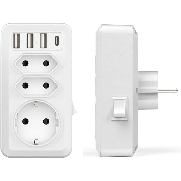 Удължителен кабел 7 в 1 с много гнезда и USB зарядно, 2 европейски щепсела, 1 щепсел Schuko, 3 USB, 1 Type-C, 4000W, компактен, бял