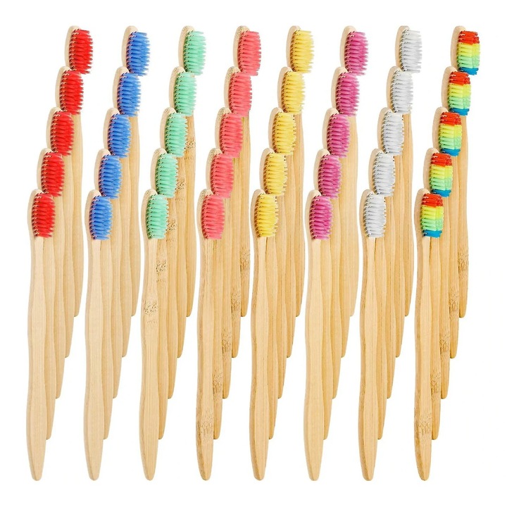 40 db-os Fogkefe készlet, bambusz, puha szén sörte, biológiailag lebomló, többszínű