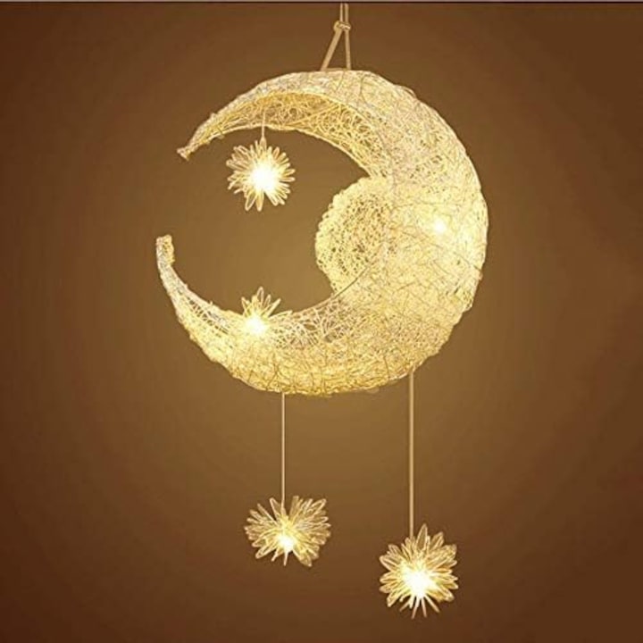Lampa eleganta Stars Moon Pendant, corpuri de iluminat creative pentru dormitor, design modern de luna si stele, cu iluminare moale alba calda pentru decorarea casei