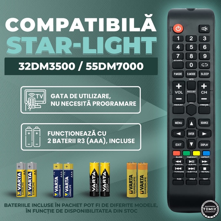 Telecomanda compatibila StarLight, 32DM3500, 55DM7000, TEMIX®, neagra, baterii incluse
