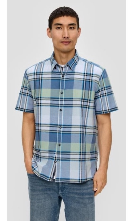 Мъжка риза с къс ръкав от комбинация от лен и памук, карирана щампа, стандартна кройка, синя, Син