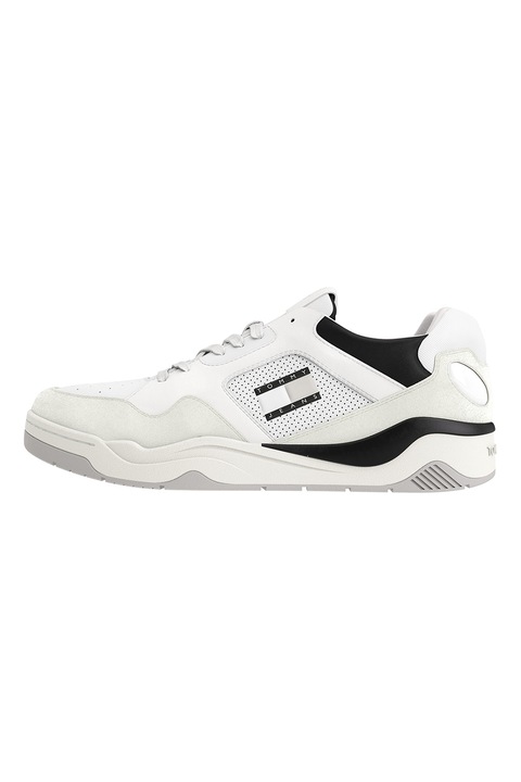 Tommy Jeans, Pantofi sport de piele cu insertii de piele intoarsa, Alb fildes/Negru