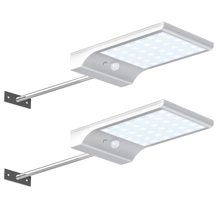 Set 2 Lampi Solare de Exterior KkvoGmle, Senzor de Miscare 36 LED, 3 Moduri, Rezistente la Apa IP65, Alb