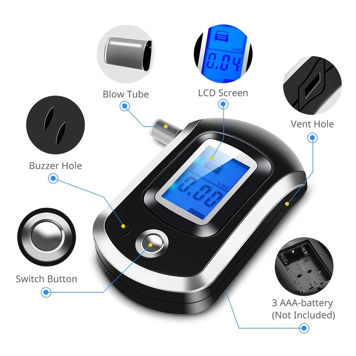 Tester alcoolemie portabil, senzor semiconductor, ecran LCD, 20 piese, negru