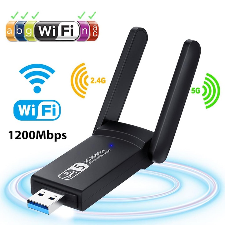 SHIVR USB-WiFi adapter, 1200 Mbit/s, Vezeték nélküli WLAN kétsávos stick dongle, 2,4 GHz/300 Mbps, 5,8 GHz/867 Mbps Mini USB adapter asztali számítógépekhez és laptopokhoz, Win XP/7/8/10/Vista, Mac 10.1.5-ux rendszerekhez