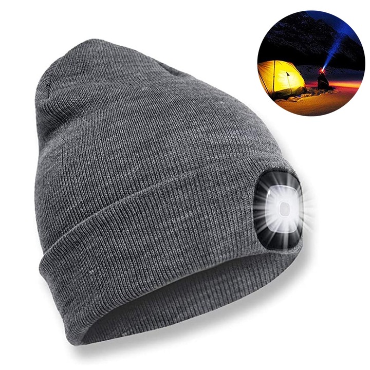 LED sapka világítással, 3 intenzitási fokozat, unisex, szürke